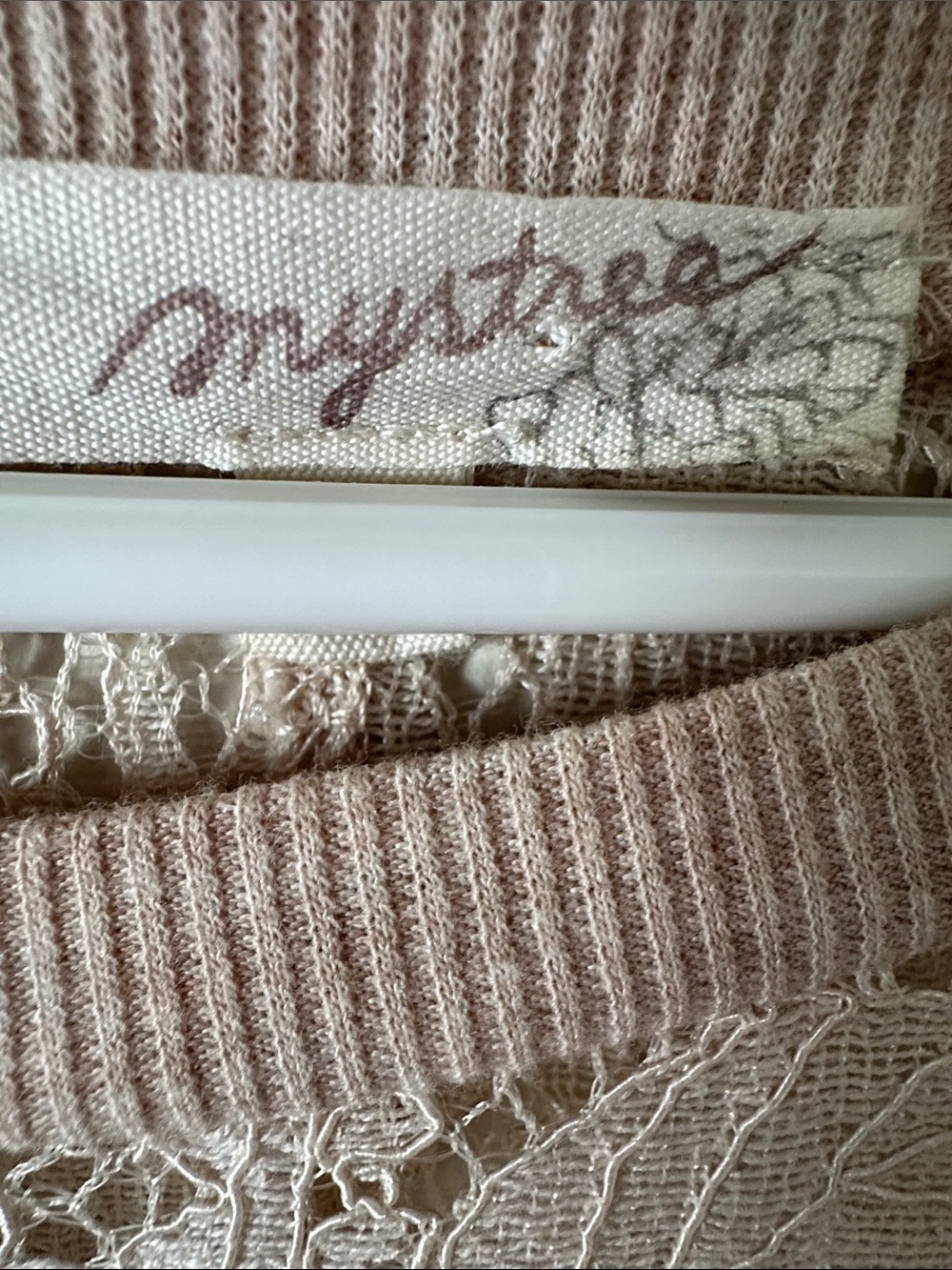 Mystree Lace Front & Sheer Dobby Sleeve Sweatshirt in Light Beige - Picture 4 of 7
